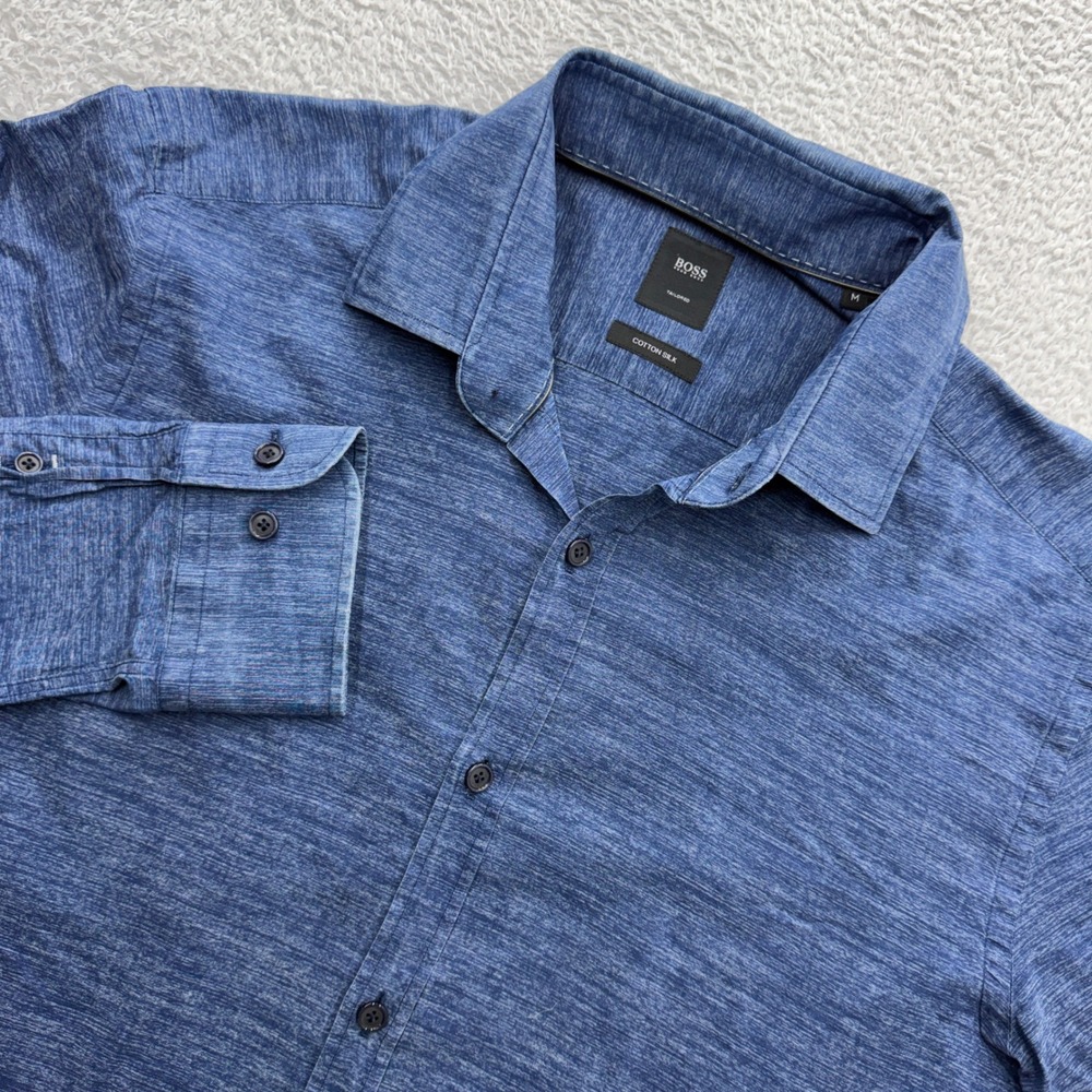 Hugo Boss Tailored Mens Blue Cotton Silk Blend Long Sleeve Button Shirt Size M